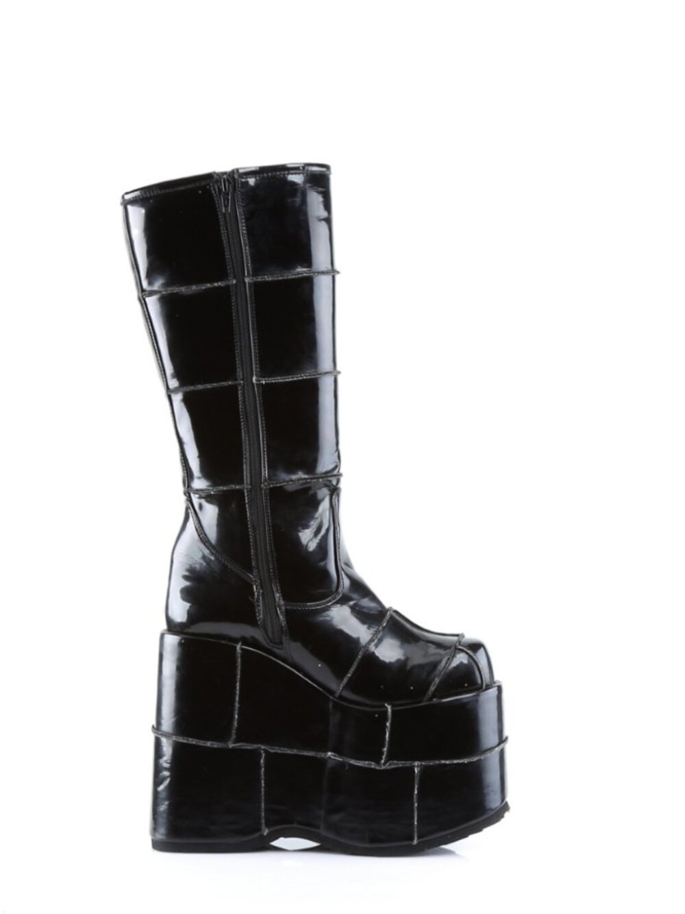 Blk Pat Goth Cyber Gogo Punk Patched Knee High Boots